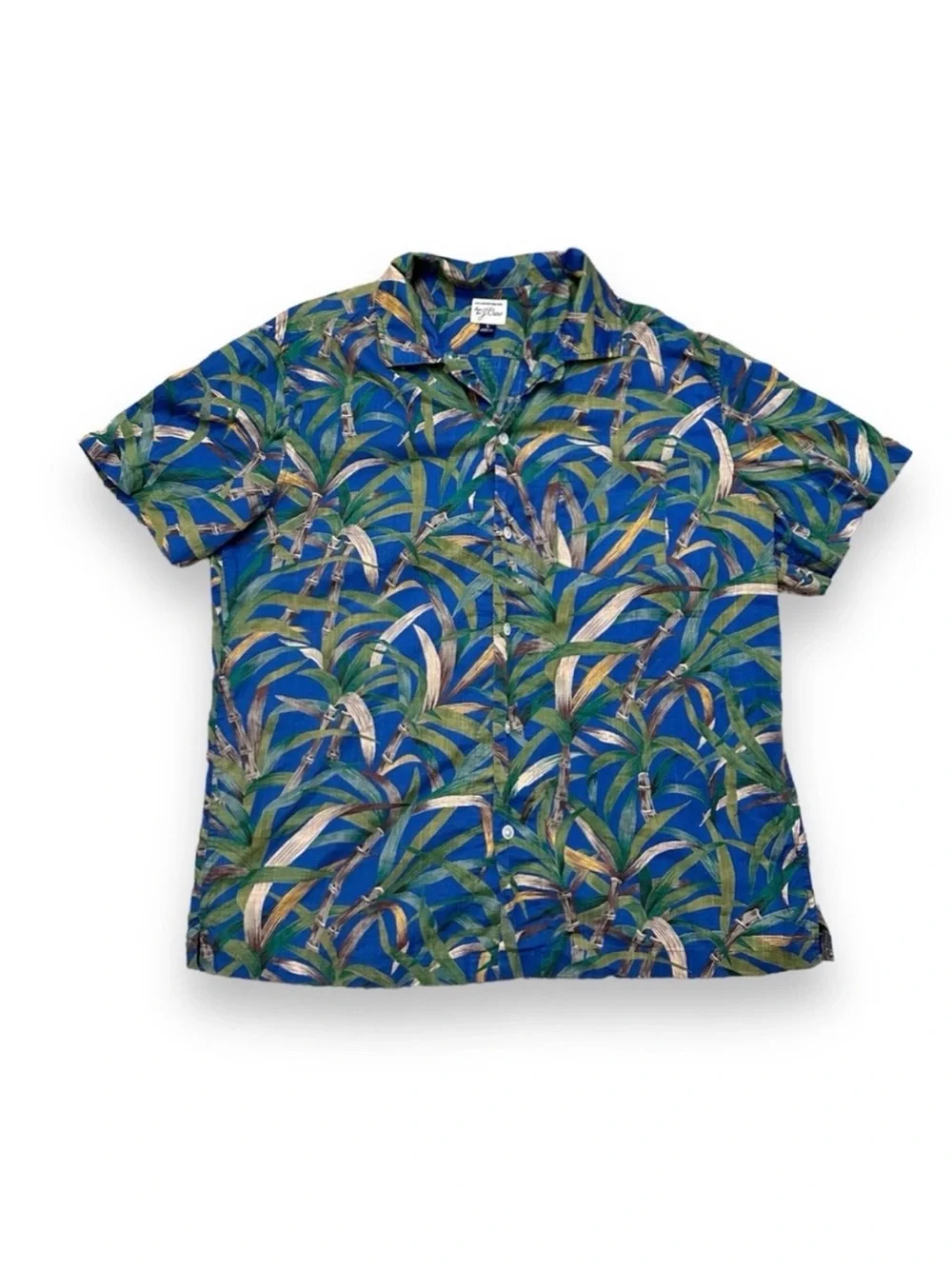 J. Crew Blue Bamboo Hawaiian Shirt Short Sleeve Button Down Cotton Men’s Size XL